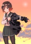  1girl absurdres black_jacket black_pantyhose brown_eyes brown_hair cloud cloudy_sky cowboy_shot crescent crescent_pin gradient_hair green_sailor_collar green_skirt haida_katsuretsu highres jacket kantai_collection long_sleeves multicolored_hair mutsuki_(kancolle) mutsuki_kai_ni_(kancolle) neckerchief pantyhose red_hair red_neckerchief sailor_collar school_uniform serafuku shirt short_hair skirt sky solo sunset white_shirt 