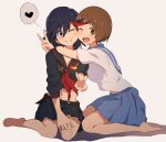  2girls absurdres black_hair black_serafuku blue_eyes blush brown_hair cheek-to-cheek cheek_press cheek_squash colored_tips feet grin heads_together heart highres kill_la_kill legs looking_at_viewer mankanshoku_mako matoi_ryuuko midriff multicolored_hair multiple_girls navel neckerchief nijizuki_shino open_mouth pink_background red_hair red_neckerchief school_uniform serafuku short_hair simple_background sitting smile spoken_heart streaked_hair suspenders teeth toes v wariza yellow_eyes 