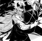  2boys arms_behind_back bound bound_arms cape capelet collared_shirt cookie_run crying crying_with_eyes_open death despair empty_eyes espresso_cookie feet_out_of_frame gloves hair_over_one_eye highres hug kneeling long_hair looking_at_viewer madeleine_cookie male_focus multiple_boys noose pants parted_lips planted planted_sword robe rope shirt short_hair sword tears tuko weapon 