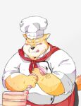  2022 anthro belly big_belly black_nose blush cake canid canine canis chef chef_hat chef_uniform clothing dessert domestic_dog eyes_closed food ginsingoo1 hat headgear headwear humanoid_hands kemono male mammal overweight overweight_male solo tongue tongue_out 