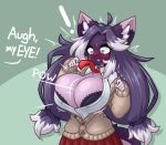  anthro big_breasts blue_eyes breasts bursting_breasts button_pop cleavage cleavage_overflow clothed clothing exclamation_point felid feline female fur hair hi_res huge_breasts limebreaker long_hair mammal onomatopoeia purple_body purple_fur raised_arms shocked_expression simple_background solo sound_effects sweater text topwear vale_(useable_user) wardrobe_malfunction 
