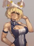  1girl animal_ears bangs bare_shoulders blonde_hair breast_tattoo breasts cleavage cleavage_cutout closed_mouth clothing_cutout colored_sclera fox_ears fox_girl highres leotard looking_at_viewer muscular muscular_female purple_leotard short_hair solo tattoo tomatolover16 touhou upper_body yakumo_ran yellow_eyes 
