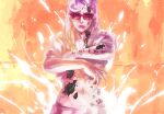  1girl body_writing glasses holly_joestar-kira jojo_no_kimyou_na_bouken jojolion okazaki_johnny orange_background pink_hair pink_lips solo upper_body 