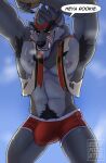  abs anthro armpit_hair belt bent_arm bodily_fluids body_hair bulge canid canine canis clothing diamobster dire_(fortnite) epic_games fortnite happy_trail hi_res leaning licking looking_at_viewer male mammal muscular muscular_male musk musk_clouds panties pecs red_clothing red_panties red_underwear self_lick solo speech_bubble sweat tongue tongue_out torn_clothing underwear video_games watermark were werecanid werecanine werewolf wolf yellow_eyes 