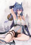  1girl arknights arm_up armpits bare_shoulders black_gloves black_shorts blue_eyes blue_hair blush braid breasts cleavage closed_mouth detached_collar dragon_girl dragon_horns dragon_tail earrings elbow_gloves gloves gourd hair_ornament highres holding horns jewelry large_breasts ling_(arknights) long_hair looking_at_viewer midriff multicolored_hair navel ponytail ru_zhai short_shorts shorts sitting skindentation slit_pupils smile solo streaked_hair tail tassel tassel_earrings thigh_strap thighs white_hair 