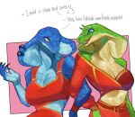  &lt;3 anthro blue_body blue_scales bra breasts cleavage clothed clothing dialogue duo female furgonomics furry-specific_piercing green_body green_scales hi_res horn lbt9000 midriff piercing reptile scales scalie snake snake_hood snake_hood_piercing underwear 