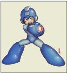  1boy aiming arm_cannon blue_eyes border full_body helmet highres male_focus mega_man_(character) mega_man_(classic) mega_man_(series) open_mouth ryan_jampole shiny signature solo weapon white_border 