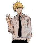  1boy arm_up bangs black_pants blonde_hair chainsaw_man collared_shirt denji_(chainsaw_man) hand_in_pocket highres looking_at_viewer pants shirt shirt_tucked_in short_hair simple_background sleeves_rolled_up solo tasuketemama upper_body waving white_background white_shirt yellow_eyes 