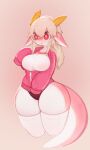  2022 absurd_res anthro big_breasts bloomers bottomwear breasts clothed clothing dragon female hair hi_res horn jacket legwear long_hair red_eyes shirt simple_background smile soda_uyu solo stockings tan_background thick_thighs thigh_highs topwear white_hair wide_hips zipper 