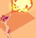  1girl absurdres ass breasts element_bending fire foie_(foolintisimo) foolintisimo hat highres magic navel nipples nude open_mouth original red_hair short_hair simple_background small_breasts solo witch_hat 