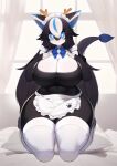  &lt;3 &lt;3_eyes 2022 absurd_res anthro apron bedding big_breasts black_hair blue_eyes blue_highlights breasts cleavage clothed clothing dragon felid female hair hi_res highlights_(coloring) horn huge_breasts hybrid kneeling legwear long_hair looking_at_viewer maid_headdress maid_uniform mammal pillow shirt smile soda_uyu solo stockings tank_top thick_thighs thigh_highs topwear uniform whiskers white_hair wide_hips 