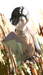  1boy :d black_hair brown_kimono brown_shirt dappled_sunlight donkey_fgo dress_shirt fate/grand_order fate_(series) green_jacket hair_over_one_eye hair_pulled_back haori highres jacket japanese_clothes kimono looking_at_viewer male_focus purple_eyes shirt short_hair smile solo sunlight upper_body wheat yamanami_keisuke_(fate) 