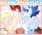  absurd_res against_surface anthro ass_on_glass balls balls_on_glass big_balls big_butt blue_eyes butt cake dessert duo english_text eyes_closed food generation_5_pokemon genitals glass hair hair_over_eye hand_holding headphones headphones_around_neck hi_res huge_butt legendary_pokemon looking_at_viewer looking_back male mega_absol mega_evolution nintendo on_glass one_eye_obstructed perineum pokemon pokemon_(species) red_hair rockpup241 smile text thick_thighs victini video_games white_body white_hair 