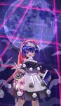  1girl :3 :d bangs bare_shoulders black_dress blue_eyes blue_hair book clothing_cutout commentary_request doremy_sweet dream_catcher dream_world_(touhou) dress feet_out_of_frame hair_ornament hairclip hat highres holding holding_book layered_dress looking_at_viewer moon nightcap open_mouth pom_pom_(clothes) red_headwear short_hair shoulder_cutout shouxishao_jiuyuan sleep_mask smile solo touhou turtleneck_dress two-tone_dress white_dress 