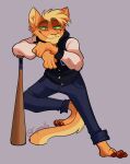  anthro baseball_bat bat_(object) blonde_hair bottomwear clothing cyamallo_(artist) denim denim_clothing felid feline fur hair hi_res jacket jeans leaning_on_object looking_down male mammal narrowed_eyes orange_body orange_fur pants phoenix_(maxspec) simple_background smug solo topwear yellow_body yellow_fur 