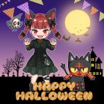  1girl :d animal_ears bangs bare_tree black_bow blunt_bangs blush bow braid cat_ears claw_pose dress duskull full_moon graveyard hair_bow halloween highres kaenbyou_rin kyabekko litten looking_at_viewer moon night open_mouth pokemon_(creature) red_eyes red_hair smile solo tombstone touhou tree twin_braids 