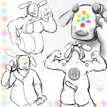  3_fingers anthro belly big_belly blush canid canine canis clothed clothing dancing domestic_dog earbuds fingers flexing headphones hi_res i-dog i-dog_(monocerus) i-pod machine male mammal metallic monocerus musclegut pawpads rear_view robot screen screen_face shirt simple_background sketch solo speaker topwear white_body 