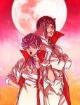  1boy 1girl black_hair blood blood_from_mouth breasts bruno_bucciarati cleavage crossed_arms dress full_moon hand_on_hip height_difference horns jacket jojo_no_kimyou_na_bouken large_breasts moon okazaki_johnny pink_hair pointy_ears short_hair tongue tongue_out trish_una vampire vento_aureo white_dress white_jacket 