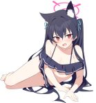  1girl animal_ear_fluff animal_ears barefoot bikini black_bikini black_hair blue_archive blue_ribbon blush breasts cat_ears cleavage fang frilled_bikini frills full_body furrowed_brow hair_ribbon halo highres long_hair looking_at_viewer lying midriff on_side open_mouth red_eyes ribbon serika_(blue_archive) serika_(swimsuit)_(blue_archive) simple_background solo supershiruco sweat swimsuit twintails white_background 