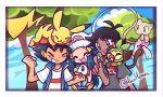  1girl 2boys androgynous antenna_hair ash_ketchum bangs baseball_cap beanie black_hair blue_eyes blush blush_stickers border closed_eyes dark-skinned_male dark_skin dawn_(pokemon) day goh_(pokemon) grey_shirt grin grookey hair_ornament hairclip hat highres holding holding_pokemon long_hair macaheroes mew multiple_boys on_head on_shoulder open_mouth outdoors pikachu piplup poke_ball_print pokemon pokemon_(creature) pokemon_on_head pokemon_on_shoulder red_scarf scarf shirt short_hair short_sleeves smile spiked_hair t-shirt tree twitter_username white_border white_headwear white_shirt 