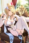  1girl absurdres between_legs between_thighs blonde_hair blush breasts chess_piece cleavage couch crown curtains day detached_sleeves dress feet_out_of_frame flower from_side gem genshin_impact glint hair_between_eyes hair_flower hair_intakes hair_ornament highres holding holding_chess_piece holding_scepter indoors leaning_back lily_(flower) long_sleeves looking_at_viewer lumine_(genshin_impact) medium_breasts mini_crown on_chair on_couch parted_lips queen_(chess) reclining red_gemstone scarf scepter short_hair_with_long_locks sitting sleeveless sleeveless_dress smile solo staff sunlight thighhighs white_dress white_flower white_scarf white_sleeves white_thighhighs window yellow_eyes yellow_nails yoshitoki_(kisshin) 