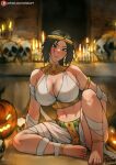  1girl abs anklet armlet bandages bangs barefoot batako_(pixiv54063972) black_hair blush breasts brown_eyes candle candlelight cleavage clothing_request egyptian gold halloween head_tilt highres huge_breasts jack-o&#039;-lantern jewelry knee_up lara_croft lips looking_at_viewer mature_female mummy_costume muscular parted_bangs pink_lips shiny shiny_hair shiny_skin sitting skull smile solo toes tomb_raider tomb_raider_(reboot) toned 