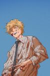  1boy black_necktie blonde_hair blood blood_on_clothes blood_on_face blood_on_hands blue_background chainsaw_man collared_shirt denji_(chainsaw_man) highres looking_at_viewer necktie open_mouth sharp_teeth shirt short_hair simple_background sleeves_rolled_up smile solo tasuketemama teeth upper_body v white_shirt yellow_eyes 