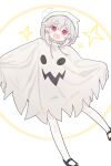  1girl :d full_body ghost_costume hair_flaps halloween_costume highres kibisake looking_at_viewer open_mouth original red_eyes short_eyebrows short_hair simple_background smile solo star_(symbol) torii_koyomi white_background white_hair 