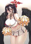  1girl bare_shoulders bird_wings black_hair black_wings blue_archive blush breasts carcass_(artist) cheerleader cleavage closed_mouth collarbone detached_collar english_text feathered_wings hair_between_eyes halo hasumi_(blue_archive) highres large_breasts leaning leaning_forward long_hair looking_at_viewer midriff navel pleated_skirt pom_pom_(cheerleading) ponytail sidelocks skirt solo stomach sweat sweatdrop thick_thighs thighs wings 