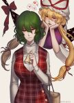  2girls 50x48x48 absurdres ascot bag bangs blush breasts closed_mouth collar commentary_request dress expressionless frilled_ascot frilled_collar frills gap_(touhou) green_hair hair_between_eyes hat heart highres holding holding_paper kazami_yuuka large_breasts list long_hair long_sleeves mob_cap multiple_girls open_mouth paper plaid plaid_dress purple_eyes red_dress red_eyes red_vest shirt shopping_bag short_hair sidelocks spoken_heart touhou twitter_username vest white_headwear white_shirt yakumo_yukari yellow_ascot 