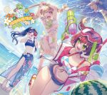  3girls album_cover bangs bikini blonde_hair blue_hair brown_hair camera cover denonbu food fruit green_eyes hair_between_eyes hair_ornament hidaka_reina_(denonbu) jacket kayano_futaba kurobuta_gekkan long_hair multiple_girls ocean official_art open_clothes open_jacket orange_eyes palm_tree red_eyes sarong shinonome_kazune shorts side_ponytail smile sunglasses swimsuit tree water_gun watermelon 