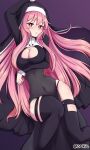  1girl alternate_costume bmkro breasts cleavage cleavage_cutout clothing_cutout cross habit hata_no_kokoro highres long_hair navel nun pink_eyes pink_hair see-through skindentation solo touhou very_long_hair 