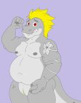  absurd_res anthro belly blonde_hair chubby_belly digital_media_(artwork) dinosaur hair hi_res male moobs muscular muscular_male nipples nude pondart_studios reptile scalie slightly_chubby slit smile solo sunny_(sunshinetrex) tattoo teeth theropod tyrannosaurid tyrannosaurus tyrannosaurus_rex 