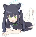  1girl :d animal_ears black_dress black_hair black_ribbon black_thighhighs blue_archive china_dress chinese_clothes dress feet_up full_body green_eyes green_ribbon hair_ribbon halo light_blush long_hair looking_at_viewer lying on_stomach ribbon shun_(blue_archive) shun_(small)_(blue_archive) simple_background smile solo supershiruco thighhighs two_side_up white_background 