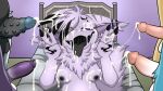  ahegao anthro bodily_fluids breasts bukkake cum cum_drip cum_on_breasts cum_on_face dripping ear_piercing eyebrow_piercing facial_piercing female genital_fluids gesture goresgallows group hi_res hybrid looking_pleasured nipples piercing tongue tongue_out tu_(tuthegriffox) v_sign 