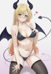  1girl absurdres ass_visible_through_thighs bikini black_bikini black_horns black_thighhighs blonde_hair blue_eyes blush breasts closed_mouth commentary_request demon_girl demon_horns demon_tail demon_wings heart highres hololive horns kneeling large_breasts long_hair navel nekorone0222 raised_eyebrows skindentation smile solo stomach sweat swimsuit tail thighhighs thighs very_long_hair virtual_youtuber wet wings yuzuki_choco 