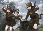  2girls animal_ears animal_hat anti-tank_gun black_footwear blue_eyes blue_sky boots brown_hair cloud day explosion garrison_cap green_eyes green_headwear green_jacket green_skirt gun hat highres horse_ears horse_girl horse_tail jacket long_hair long_sleeves military military_uniform miniskirt multiple_girls one_eye_closed open_mouth original outdoors pleated_skirt poland rifle running skirt sky soldier tail tom-neko_(zamudo_akiyuki) uniform war weapon weapon_on_back world_war_ii 