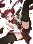  1girl antique_firearm ascot bangs black_panties blurry blurry_foreground blush breasts brown_thighhighs clenched_teeth commentary_request dual_wielding feet_out_of_frame firelock flintlock floating_hair forehead gloves gold_trim gun hair_ribbon handgun heterochromia highres holding holding_weapon hololive houshou_marine jacket legs long_hair miniskirt panties pleated_skirt red_ascot red_eyes red_hair red_jacket red_ribbon red_skirt ribbon shadow sidelocks simple_background skirt sleeveless sleeveless_jacket solo spread_legs tauyoshi728 teeth thighhighs thighs twintails two-tone_skirt underwear virtual_youtuber weapon white_background white_gloves white_skirt yellow_eyes 