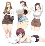  4girls absurdres arms_behind_head bag blush breasts brown_eyes brown_hair carcass_(artist) cleavage closed_eyes closed_mouth commentary_request denim denim_shorts hand_on_hip handbag highres korean_commentary large_breasts long_hair looking_at_viewer lying miniskirt multiple_girls multiple_views navel on_stomach original pillow ponytail shirt short_hair short_shorts shorts sideboob simple_background skirt stomach thick_thighs thigh_gap thighs white_background white_shirt 