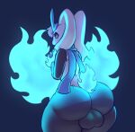  2022 anthro atherol backsack balls big_balls big_butt blowing blue_background blue_scarf butt butt_tuft fan_character fire flaming_tail fur generation_4_pokemon genitals grey_body grey_fur head_tuft hi_res huge_balls lagomorph looking_back lopunny male mammal mostly_nude nintendo pokemon pokemon_(species) portrait rear_view scarf simple_background solo three-quarter_portrait tuft video_games white_body white_fur yellow_eyes 