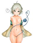  1girl ? absurdres ahoge breasts closed_mouth cowboy_shot green_eyes green_hair groundground222 heart_o-ring highres koishi_day komeiji_koishi looking_at_viewer navel nipples pointy_ears short_hair simple_background small_breasts smile solo spoken_question_mark standing third_eye touhou white_background 