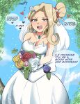  1girl blonde_hair blue_sky blush bouquet breasts bridal_veil bride cleavage collarbone crying dress elbow_gloves flower flying_sweatdrops gloves hair_bun hair_flower hair_ornament heart highres holding holding_bouquet jewelry karbuitt kid_icarus leaf long_hair medium_breasts necklace open_mouth pearl_necklace pov purple_flower purple_rose rose simple_background sky solo sparkle strapless strapless_dress tearing_up veil viridi wedding wedding_dress white_dress yellow_eyes 