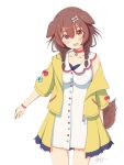  1girl :d animal_collar animal_ears bangs blush bone_hair_ornament braid brown_eyes brown_hair collar collarbone cowboy_shot dog_ears dog_girl dog_tail dress hair_between_eyes hair_ornament hair_over_shoulder hairclip highres hololive inugami_korone jacket long_hair looking_at_viewer low_twin_braids open_clothes open_jacket open_mouth pilolimaru red_collar shadow short_dress side_braids sidelocks signature simple_background sleeveless sleeveless_dress smile tail twin_braids virtual_youtuber white_background white_dress yellow_jacket 