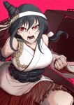  1girl angry black_hair boushi-ya commentary_request cowboy_shot detached_sleeves hair_ornament headgear japanese_clothes kantai_collection long_hair looking_at_viewer machinery pleated_skirt red_eyes red_skirt skirt solo teeth yamashiro_(kancolle) 