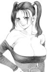  1girl absurdres bare_shoulders belt breasts cleavage closed_mouth collarbone corset dragon_quest dragon_quest_viii greyscale highres jessica_albert large_breasts lips long_hair looking_at_viewer monochrome simple_background smile solo turiganesou800 twintails white_background 