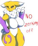  anthro bandai_namco big_breasts black_sclera breasts butt canid canine dialogue digimon digimon_(species) female fur hair hi_res looking_at_viewer mammal meme no_nut_november nude renamon simple_background solo sos_or_loss white_body white_fur yellow_body yellow_fur 