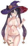  1girl ass_visible_through_thighs bare_arms bare_shoulders bikini black_hair blush breasts cleavage closed_mouth collarbone cowboy_shot crescent crescent_hat_ornament genshin_impact gradient_hair green_eyes hat hat_ornament highres large_breasts long_hair looking_at_viewer mona_(genshin_impact) multicolored_hair navel purple_hair purple_headwear simple_background skindentation smile solo stomach swimsuit thigh_gap thighlet very_long_hair vodka13 white_background white_bikini witch_hat 