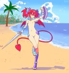  1girl beach blush breasts collar day demon_girl demon_tail disgaea etna_(disgaea) flat_chest foolintisimo full-face_blush highres looking_at_viewer navel nipples nude outdoors pointy_ears red_eyes red_hair small_breasts solo sword tail weapon wings 