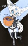  2022 anthro blokfort blue_body blue_eyes blue_fur breasts candy canid canine clothing dessert female fennec food fox fur hair halloween hi_res holidays kalta_(blokfort) mammal mask simple_background skeleton_costume skull_mask solo white_body white_fur white_hair 