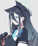  1girl :d animal_ears animal_hands arisu_(blue_archive) bangs black_hair black_hairband blue_archive blue_eyes blue_hair blue_necktie blush collared_shirt fang gloves gradient_hair grey_background hair_between_eyes hairband halo jacket long_bangs long_hair looking_ahead multicolored_hair necktie one_side_up open_clothes open_jacket paw_gloves shirt simple_background skin_fang smile solo supershiruco very_long_hair 